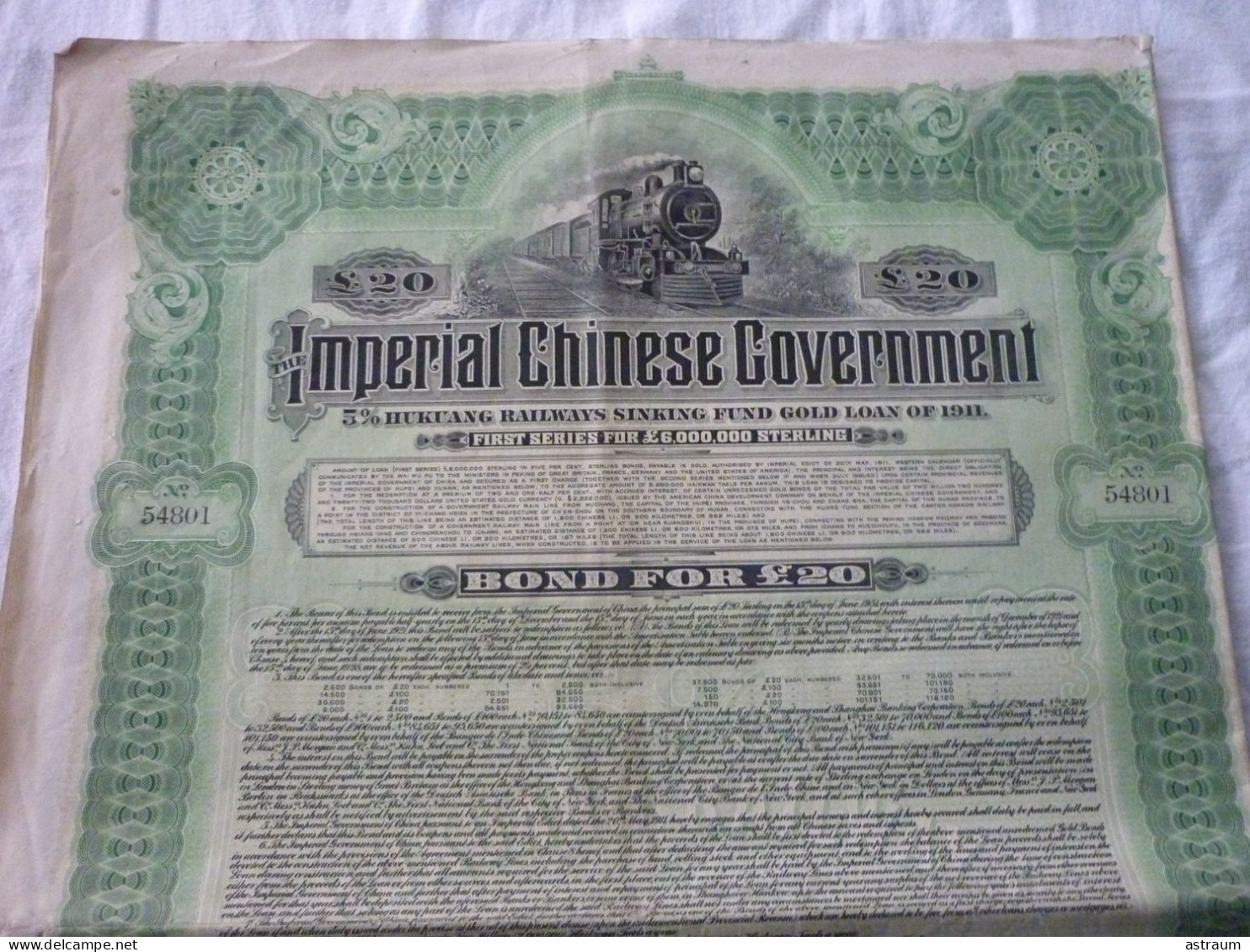 CHINA / IMPERIAL CHINESE GOVERNMENT / 5% HUKUANG RAILWAYS SINKING FIND GOLD LOAN OF 1911 - Asien