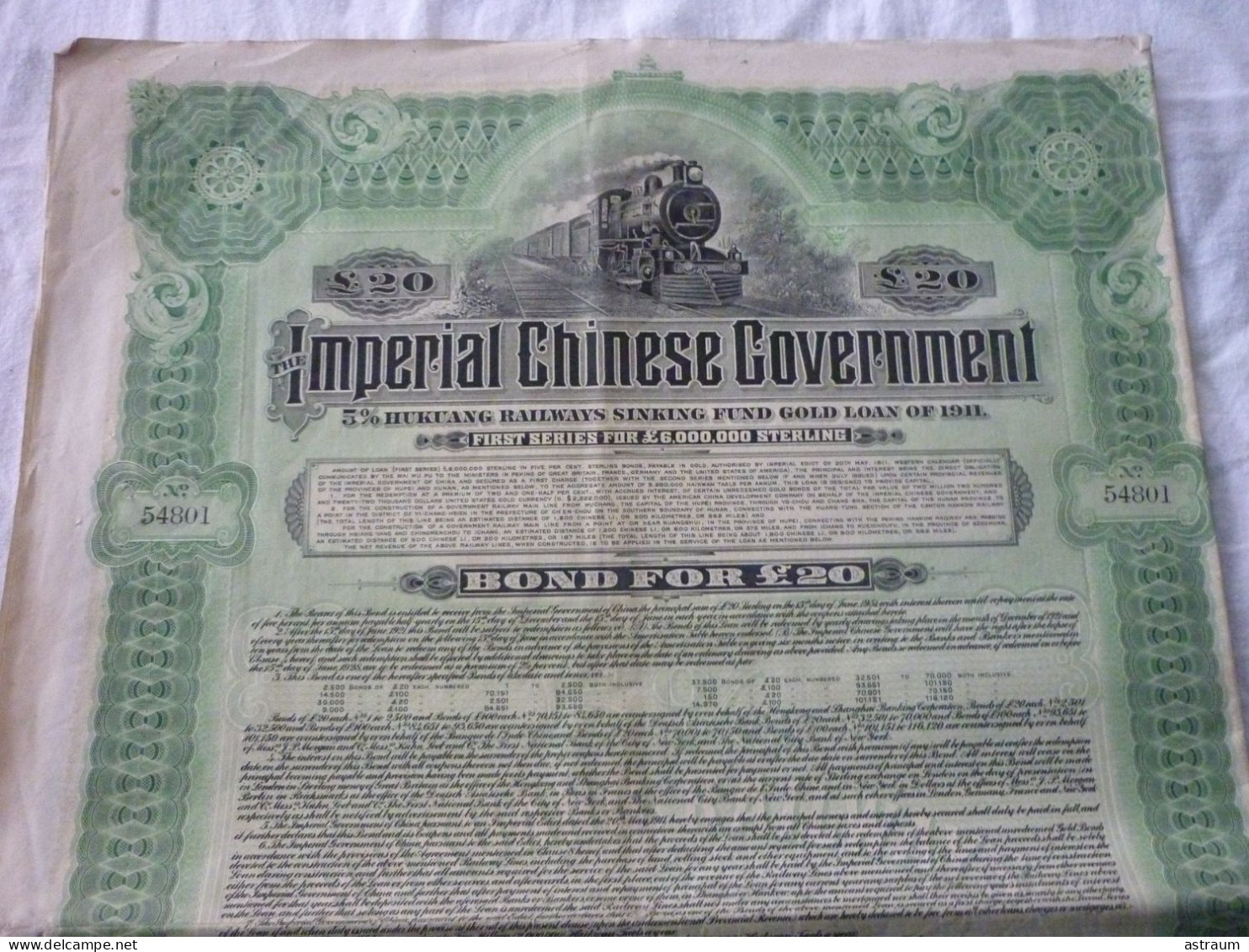 CHINA / IMPERIAL CHINESE GOVERNMENT / 5% HUKUANG RAILWAYS SINKING FIND GOLD LOAN OF 1911 - Asia