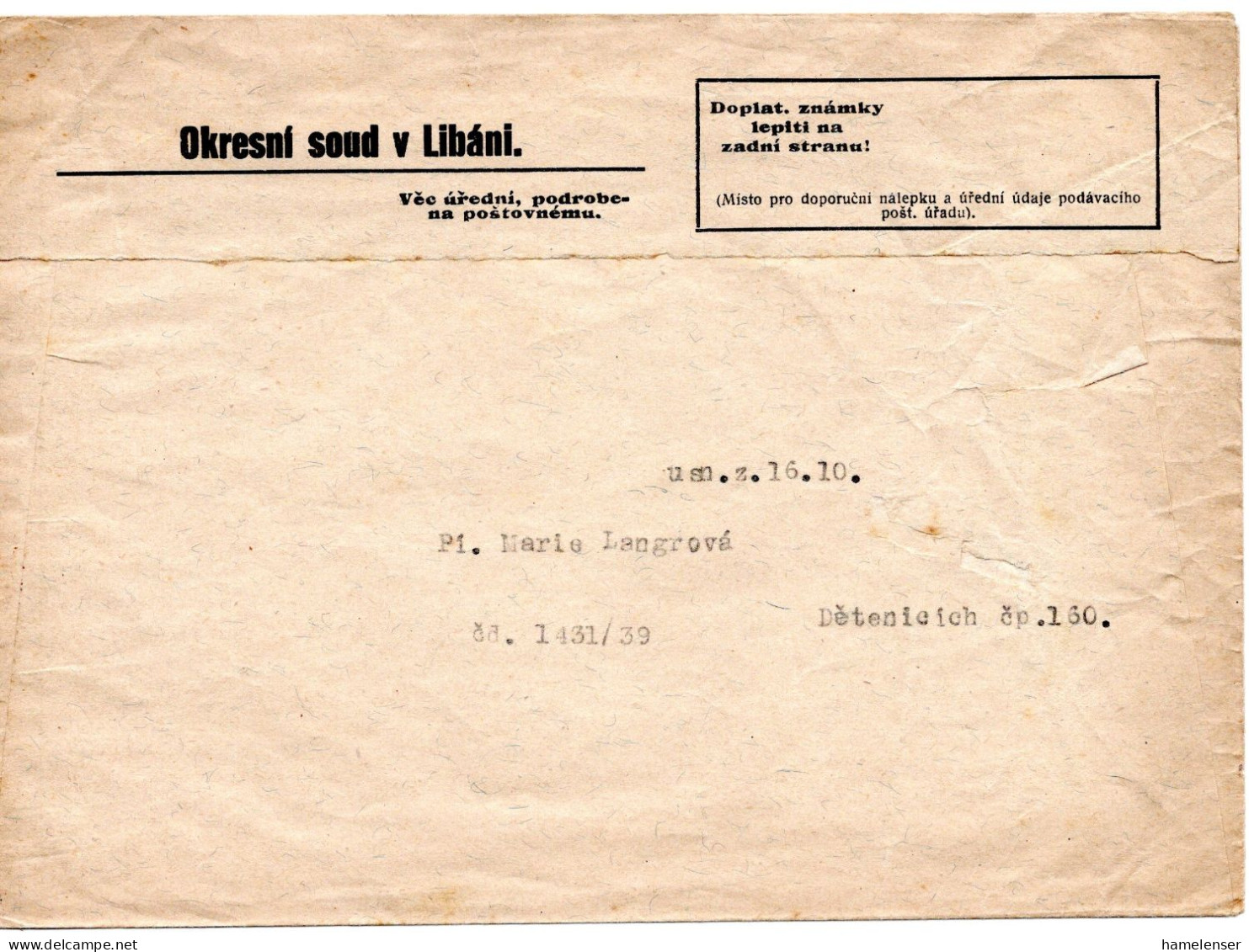 59450 - Deutsches Reich / Böhmen & Mähren  - 1939 - 1,20K Portomke EF A ZUBf LIBAN -> DETENICE - Lettres & Documents