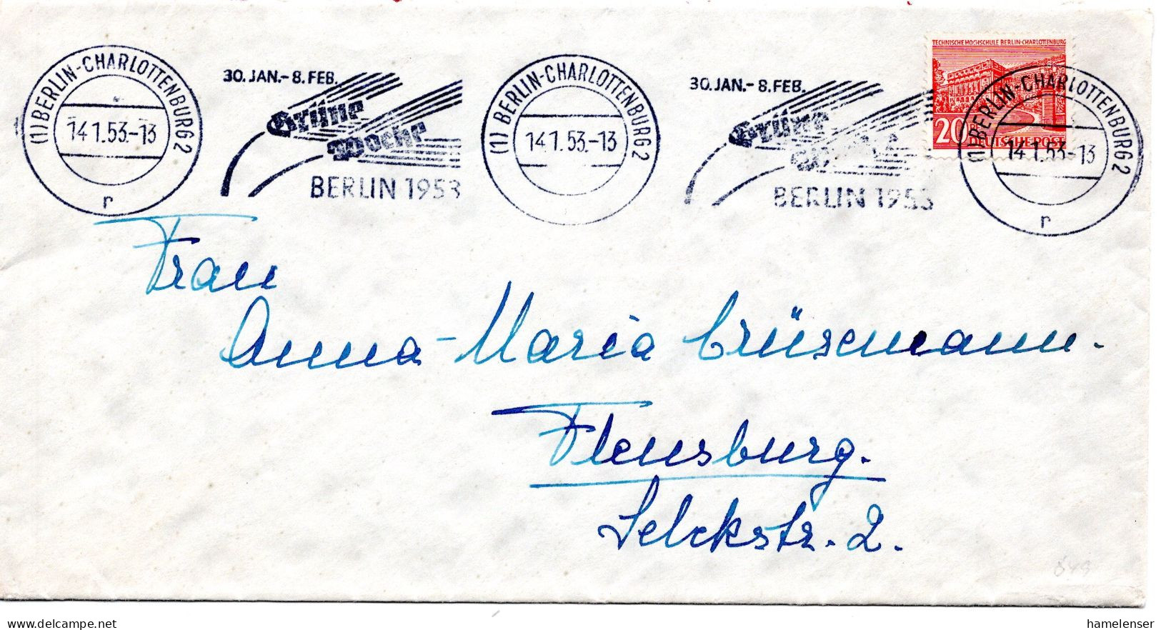 59451 - Berlin  - 1953 - 20Pfg Bauten EF A Bf BERLIN - ... GRUENE WOCHE ... -> Flensburg - Ernährung