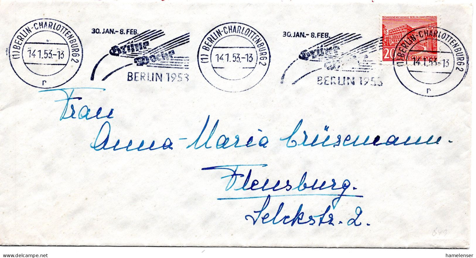 59451 - Berlin  - 1953 - 20Pfg Bauten EF A Bf BERLIN - ... GRUENE WOCHE ... -> Flensburg - Alimentazione