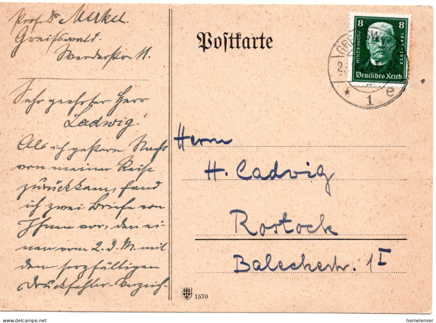 59453 - Deutsches Reich - 1927 - 8Pfg Nothilfe / Hindenburg EF A Kte GREIFSWALD -> Rostock - Storia Postale