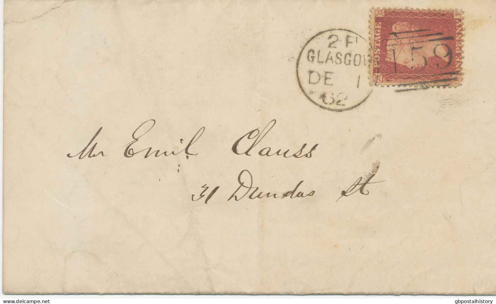 GB „159 / GLASGOW“ Scottish Duplex (6 THIN Bars With Different Length,  Time Code „2 F“, Datepart 20mm) On Superb Cover - Cartas