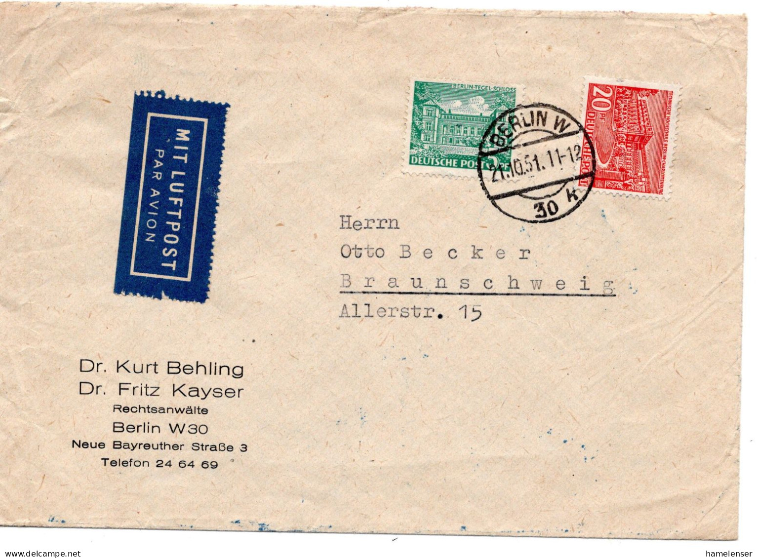 59478 - Berlin - 1951 - 20Pfg Bauten MiF A LpBf BERLIN -> Braunschweig - Lettres & Documents