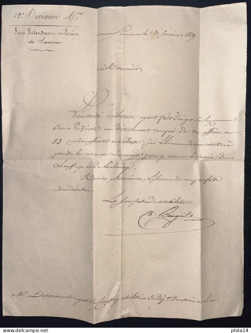 LETTRE DE L'INTENDANT MILITAIRE POUR L'AGENT DU CHAUFFAGE MILITAIRE DU MAINE ET LOIRE ANGERS / SAUMUR 1839 - Manuscrits