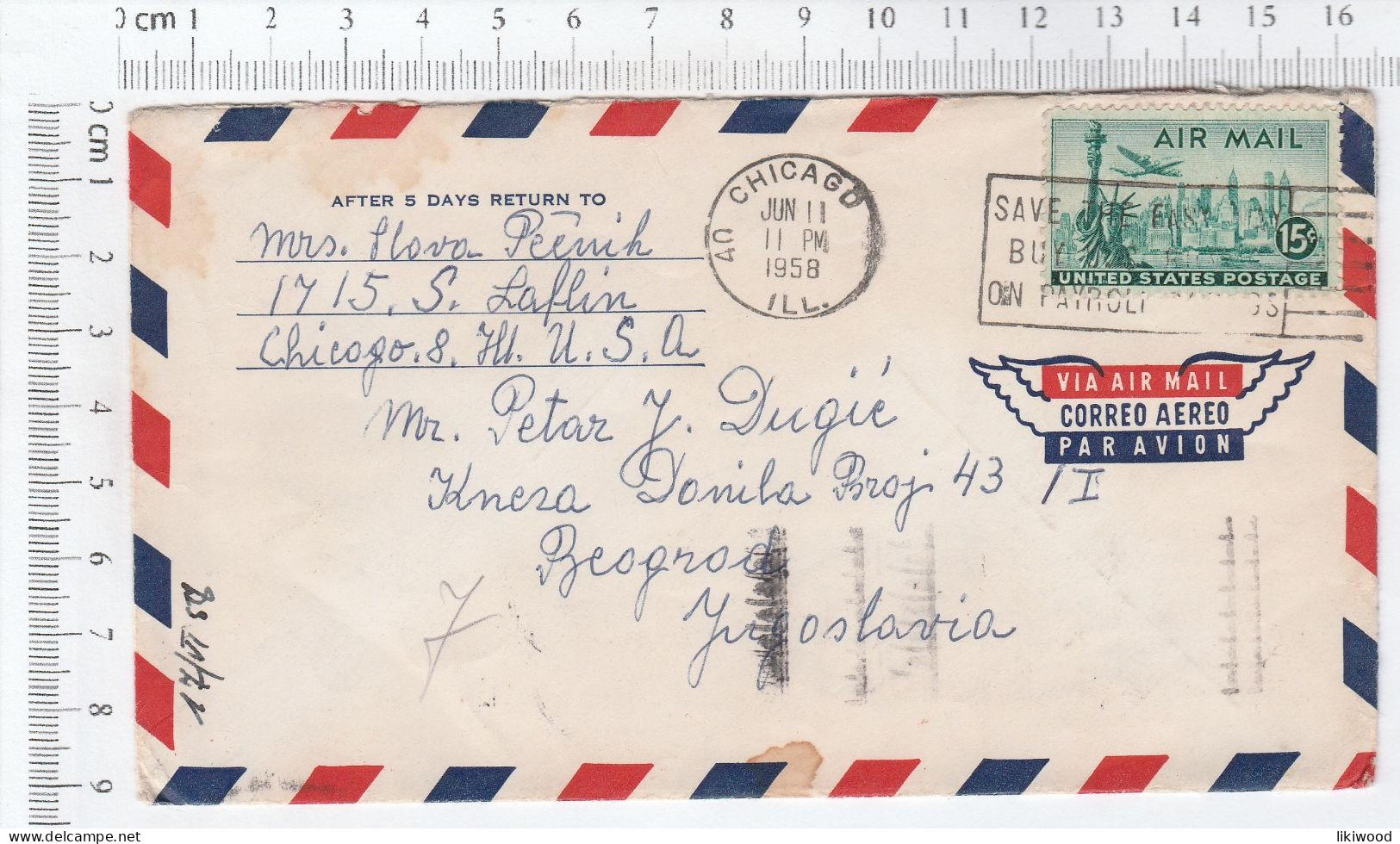 Envelope - Chicago-Belgrade - 1958 - 1941-60