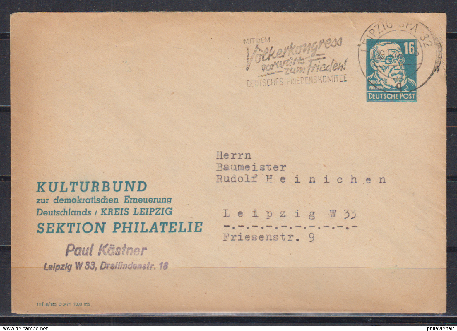 DDR Privatumschlag 16(Pf.) Köpfe MiNo. PU 4/1 " Kulturbund ... " Bedarf Ortsbrief Leipzig 1952 - Private Covers - Used