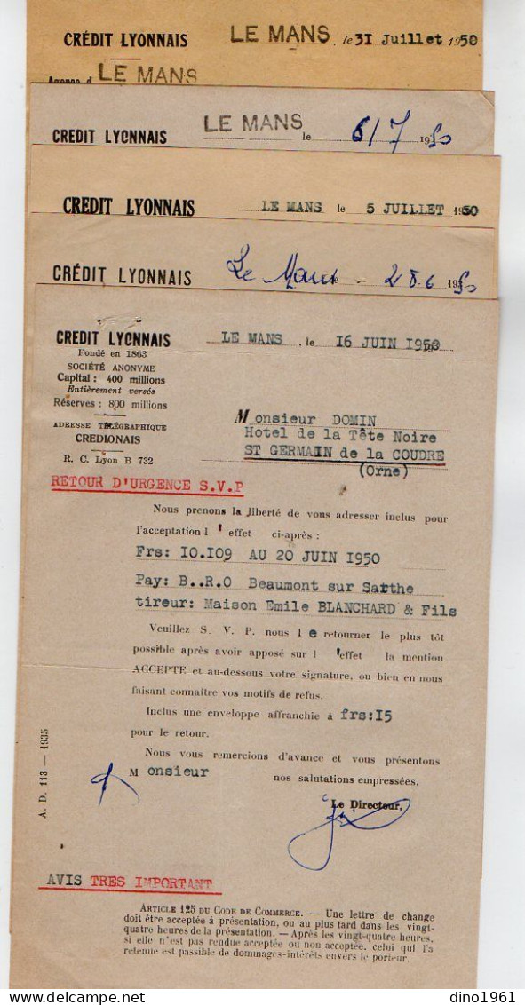 VP22.372 - 195 - 5 Lettres - Crédit Lyonnais Agence LE MANS Pour M. DOMIN à SAINT GERMAIN DE LA COUDRE - Banco & Caja De Ahorros