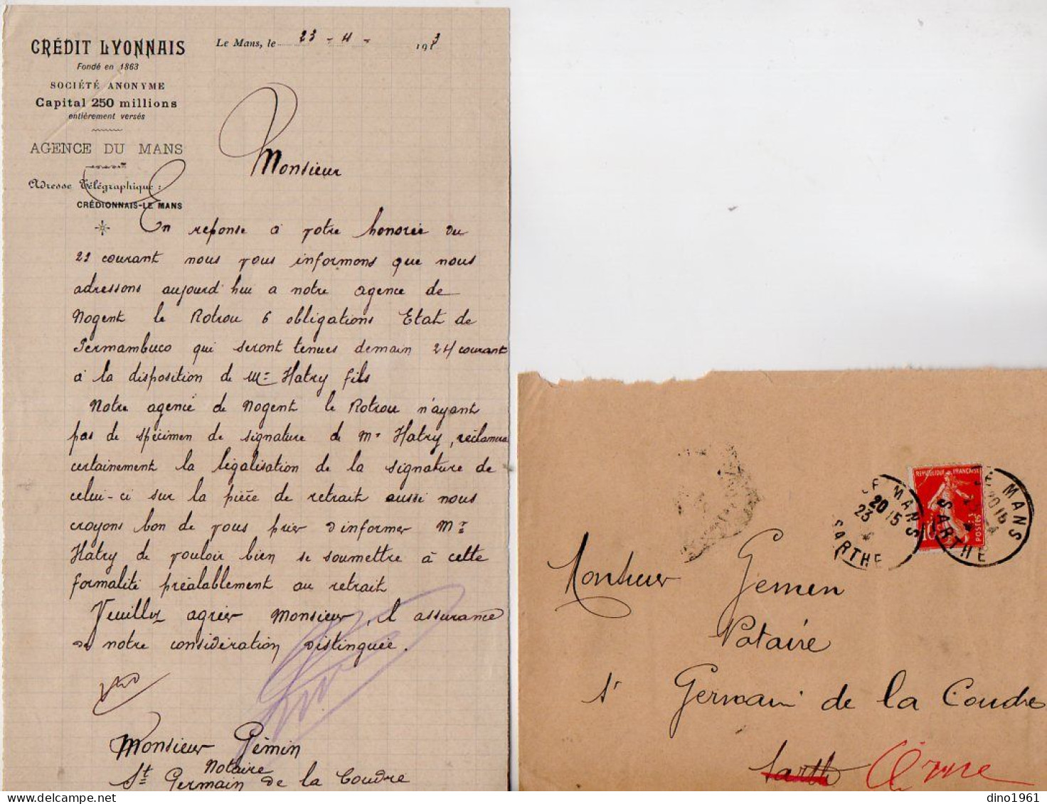 VP22.373 - 1913 - Enveloppe & Lettre - Crédit Lyonnais Agence LE MANS Pour M.GEMIN, Notaire à SAINT GERMAIN DE LA COUDRE - Banque & Assurance