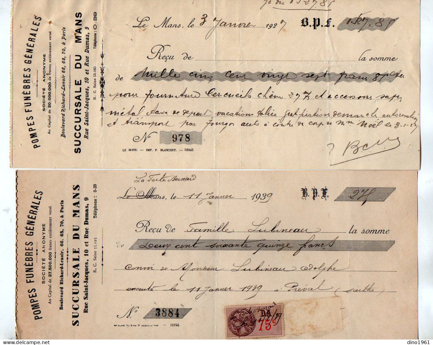 VP22.376 - 1927 / 39 - 2 Lettres De Changes - Pompes Funèbres Générales à PARIS Succursale à LE MANS - Lettres De Change