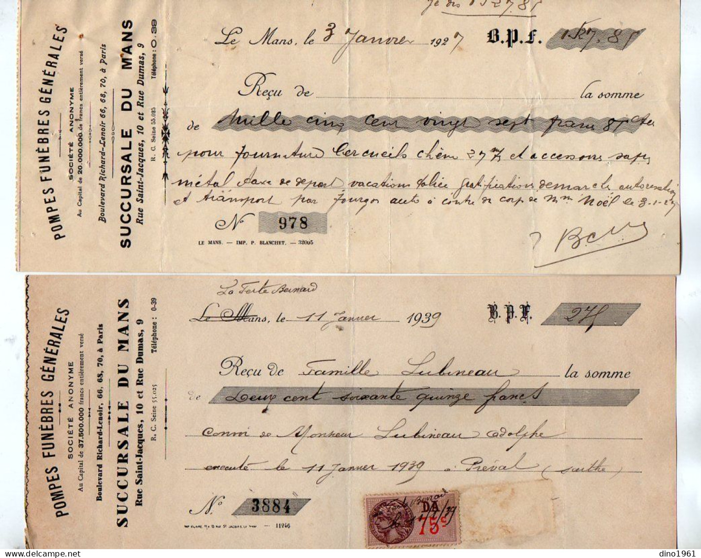 VP22.376 - 1927 / 39 - 2 Lettres De Changes - Pompes Funèbres Générales à PARIS Succursale à LE MANS - Cambiali