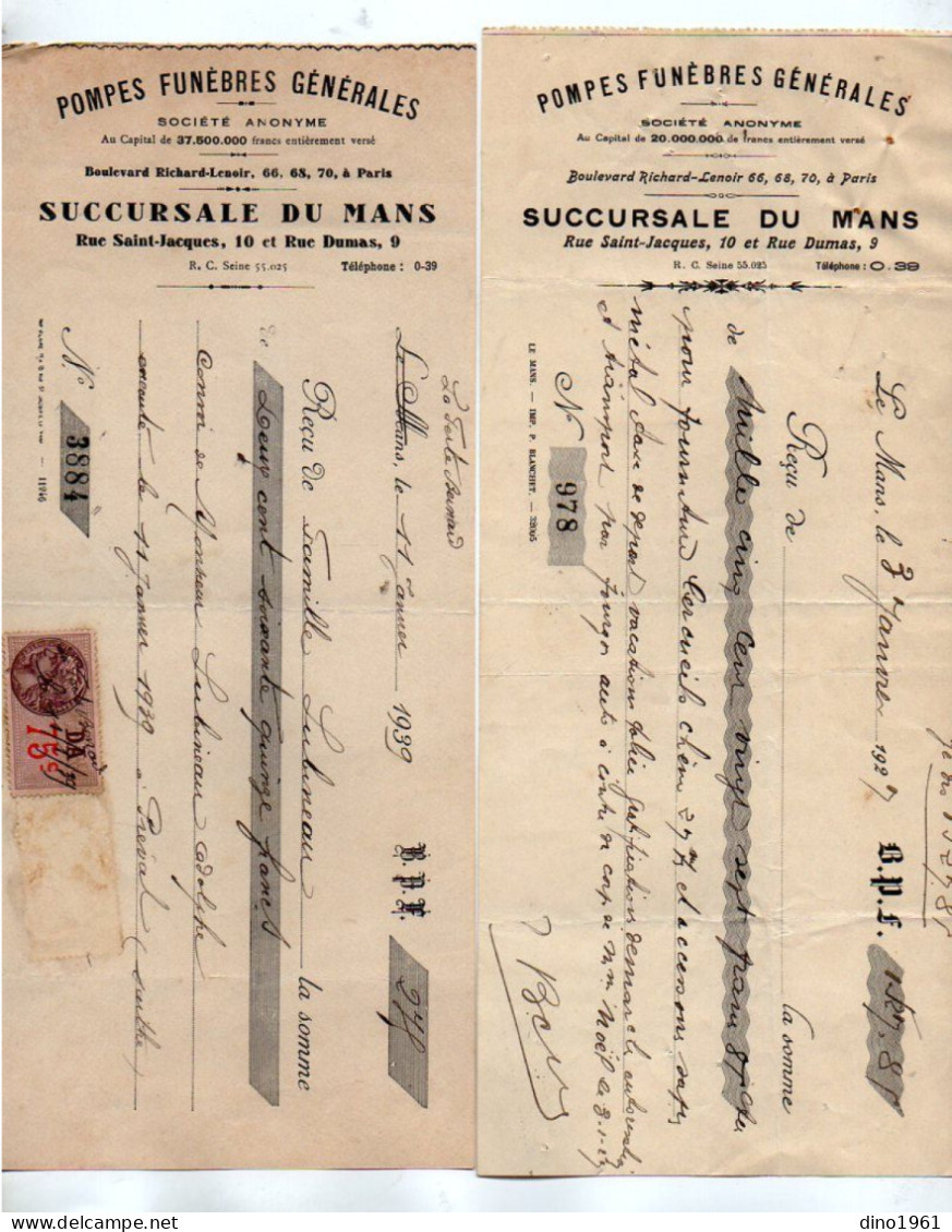 VP22.376 - 1927 / 39 - 2 Lettres De Changes - Pompes Funèbres Générales à PARIS Succursale à LE MANS - Lettres De Change