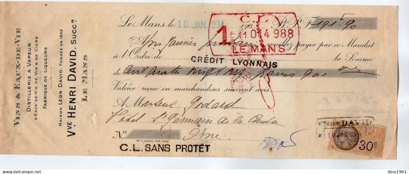 VP22.377 - 1934 - Lettre De Change - Vins & Eaux - De - Vie Distillerie à Vapeur Vve Henri DAVID, Succ à LE MANS - Bills Of Exchange