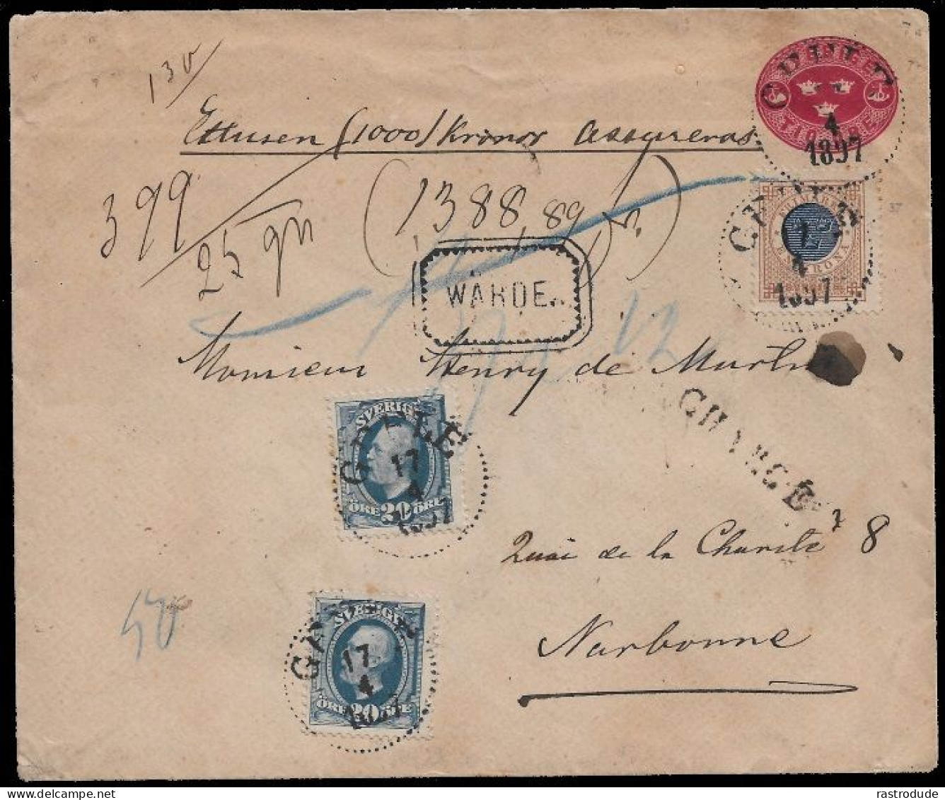 1897 SWEDEN UPRATED 10 ÖRE PS ENV. INSURED MONEY LETTER WERTBRIEF TO FRANCE - Lettres & Documents