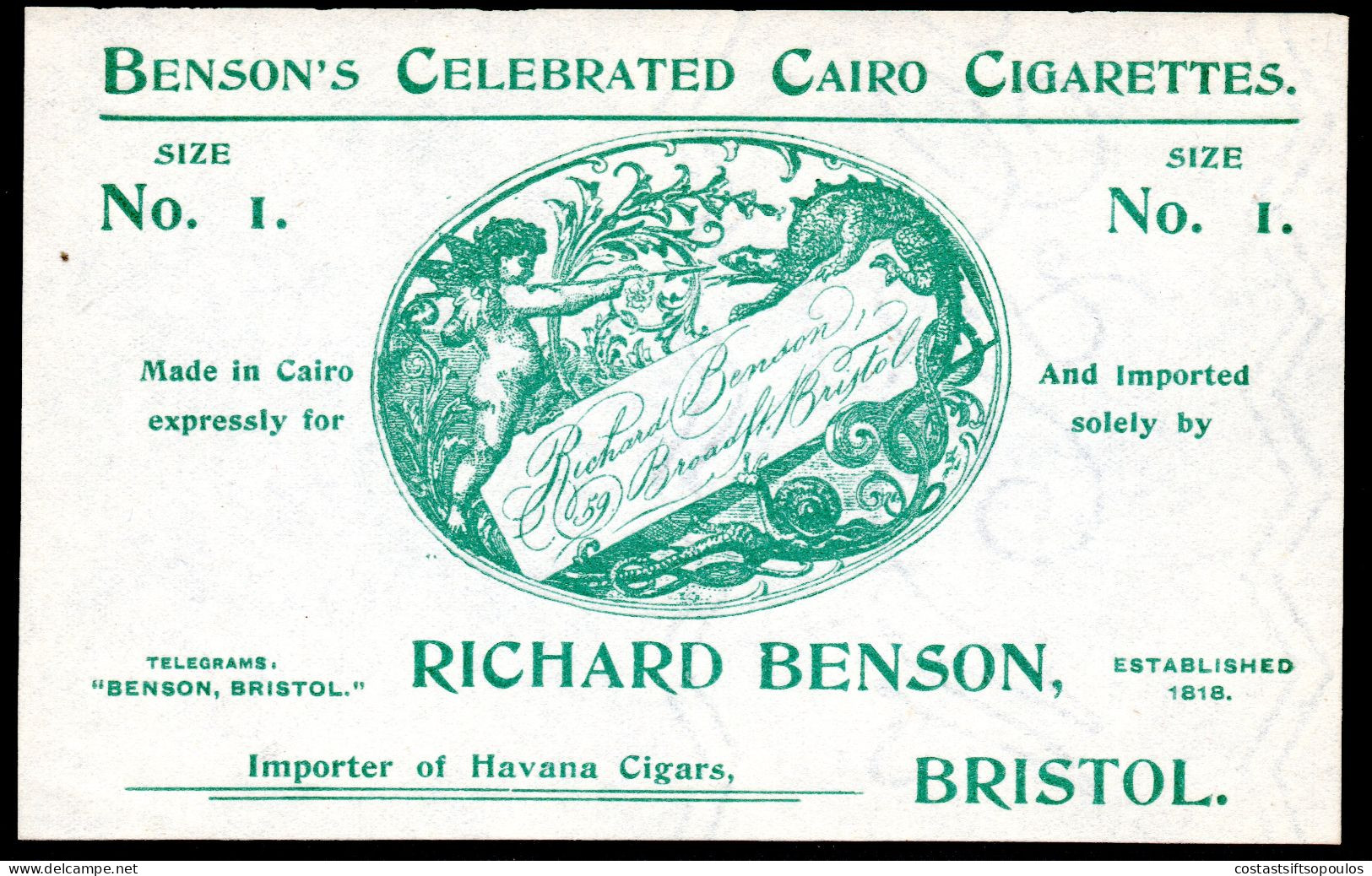 1619.BENSON'S BRISTOL CELEBRATED CAIRO CIGARETTES ADV. PRINT(WATERMARK), SIZE 13.1 X 8.2 Cm. - Werbeartikel
