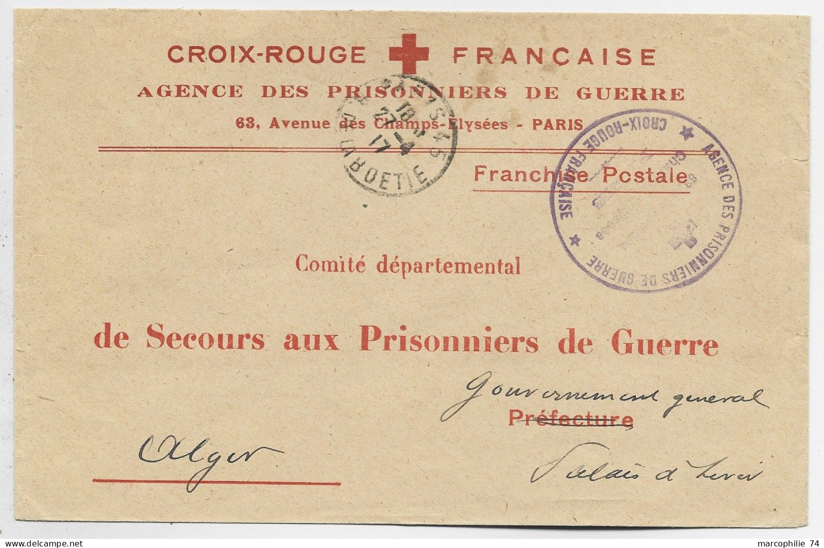 CROIX ROUGE LETTRE COVER ENTETE AGENCE PRISONNIERS PARIS 1917 + CACHET VIOLET POUR ALGERIE - Croix Rouge