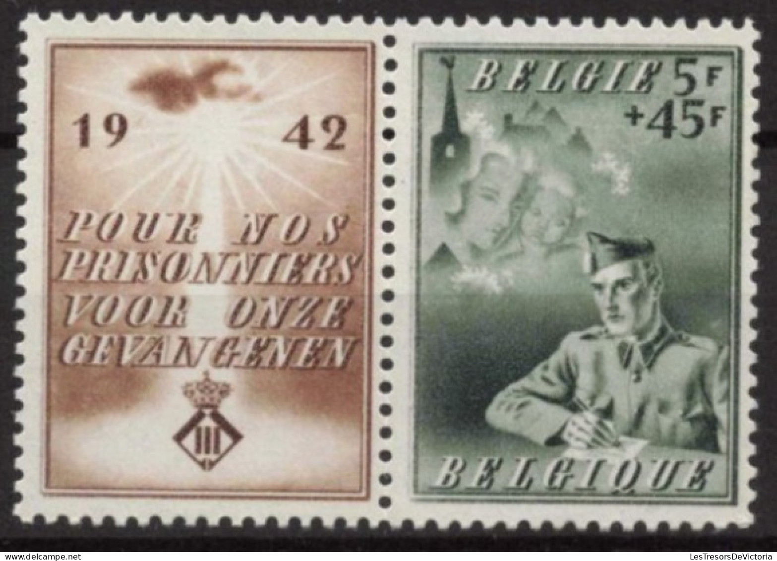 Belgique 1942 N- COB 602 MNH ** - SF+HSF - Gris Vert Avec Vignette - Cote 18 - Ungebraucht