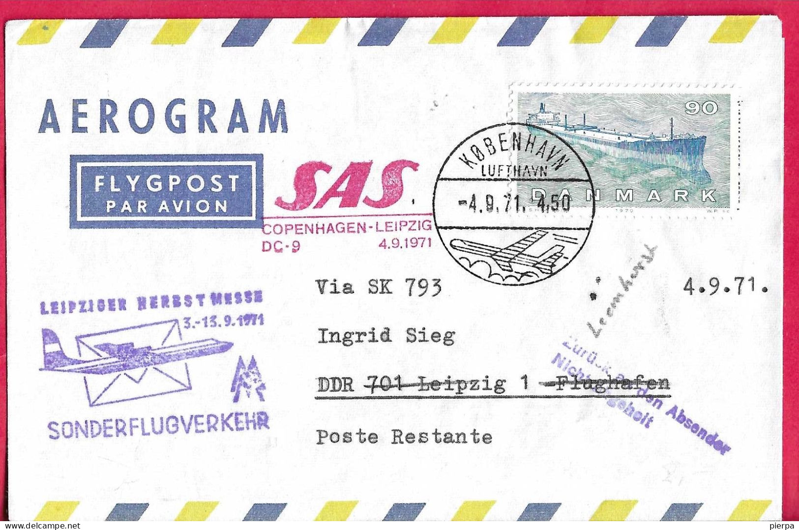 DANMARK - FIRST SAS  FLIGHT DC-9 FROM KOBENHAVN TO LEIPZIG *4.9.71* ON OFFICIAL COVER - Luftpost