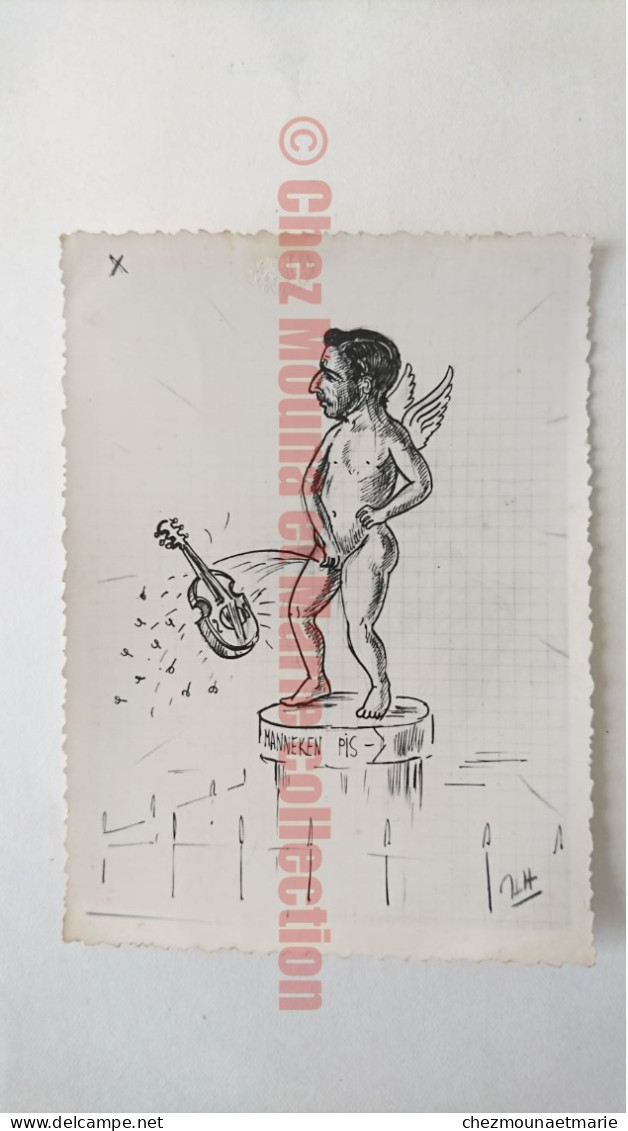 CARICATURE MILITAIRE MANNEKEN PIS URINANT SUR UN VIOLON - PHOTO D UN DESSIN 11X8 CM - Documenti