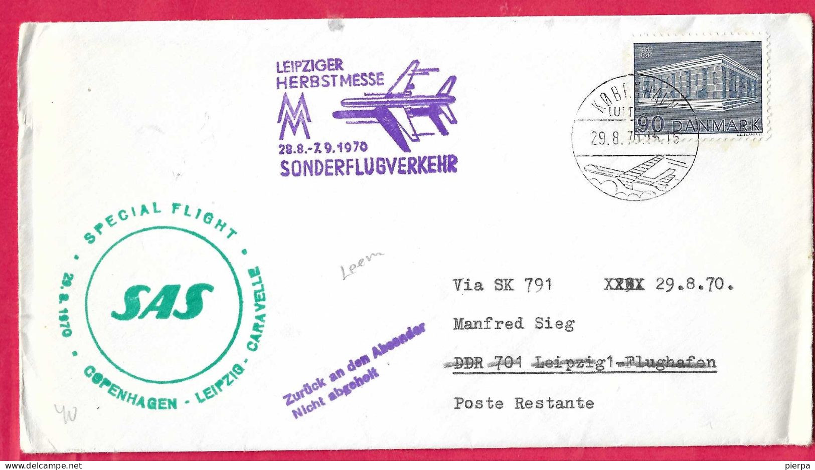 DANMARK - SPECIAL CARAVELLE SAS  FLIGHT  FROM KOBENHAVN TO LEIPZIG *29.8.1070* ON OFFICIAL COVER - Airmail