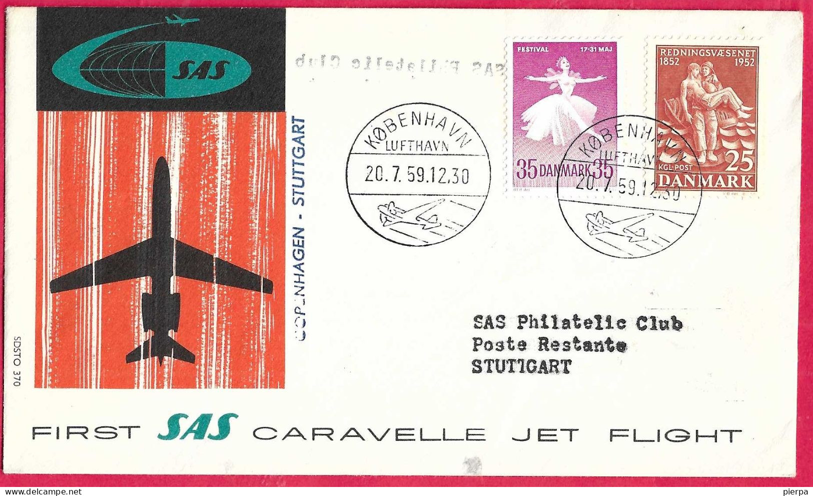 DANMARK - FIRST CARAVELLE FLIGHT - SAS - FROM KOBENHAVN TO STUTTGART *20.7.59* ON OFFICIAL COVER - Luchtpostzegels