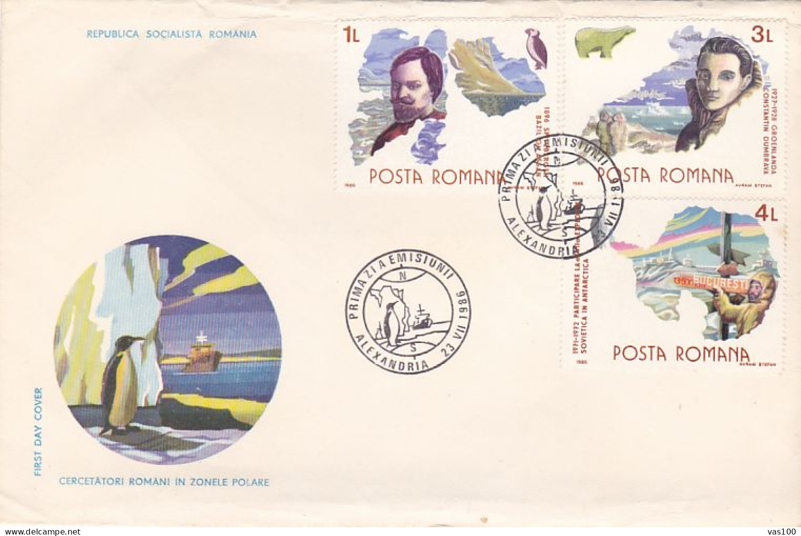 POLAR PHILATELY, ROMANIAN POLAR EXPLORERS, SHIP, PENGUINS, COVER FDC, 1986, ROMANIA - Polar Explorers & Famous People