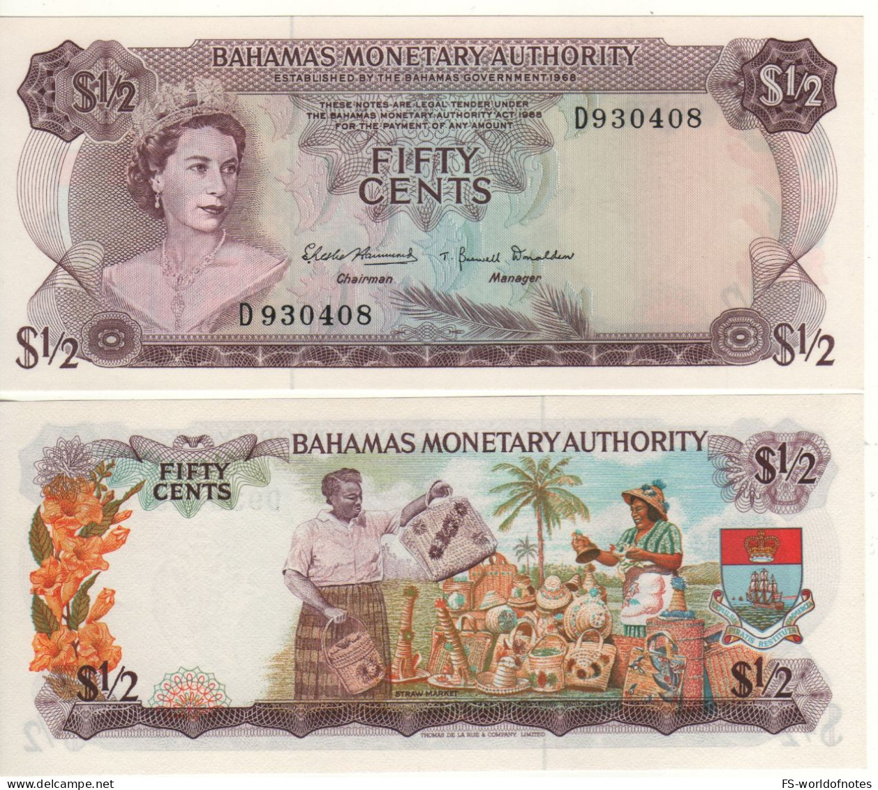 BAHAMAS   1/2 Dollar     P26   (L. 1968  Queen Elizabeth II + Straw Market Ay Back  )   A/UNC - Bahama's
