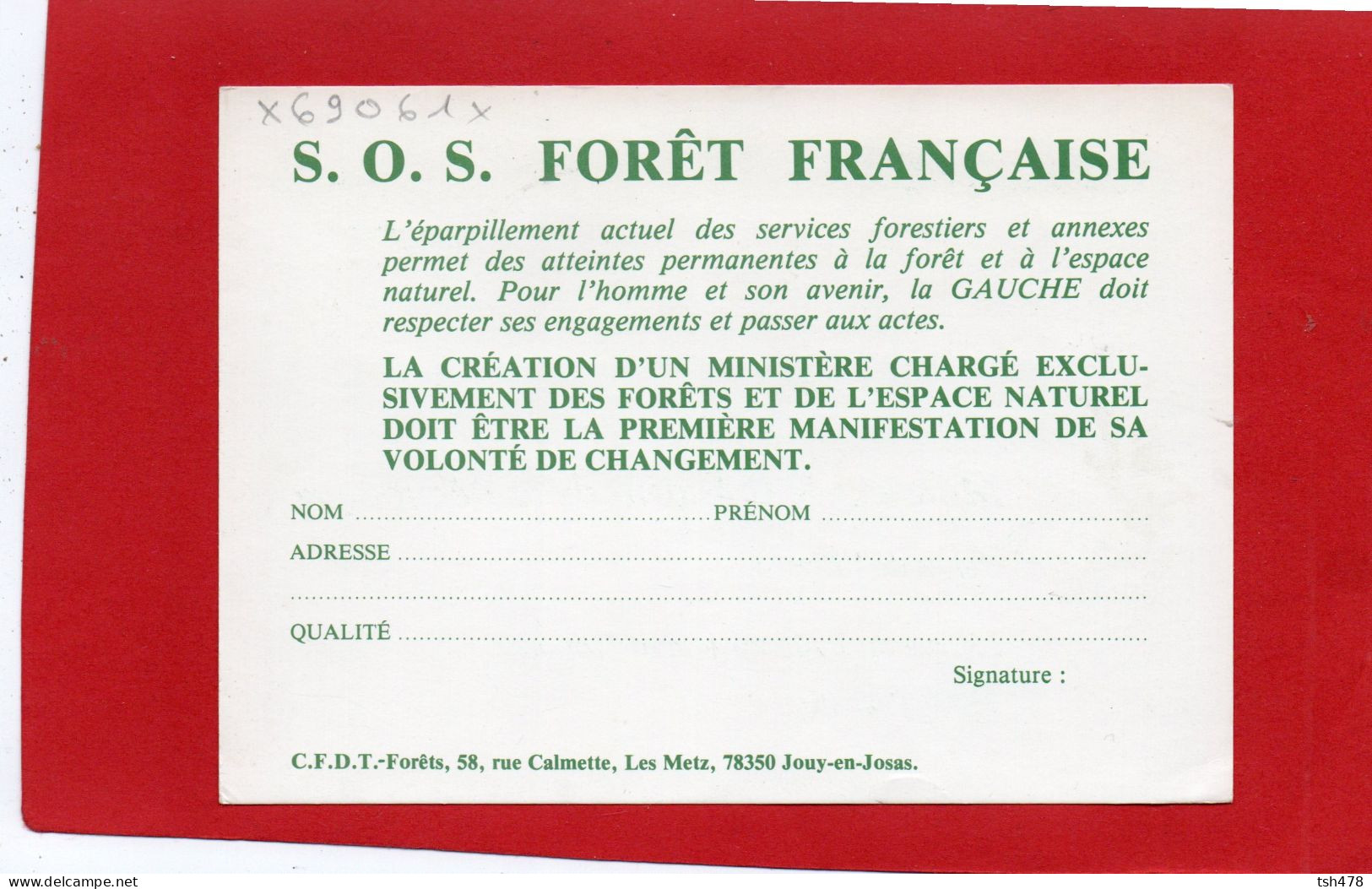 SYNDICAT  C.F.D.T.-FORETS---S.O.S.  Forêt Française--voir 2 Scans - Gewerkschaften