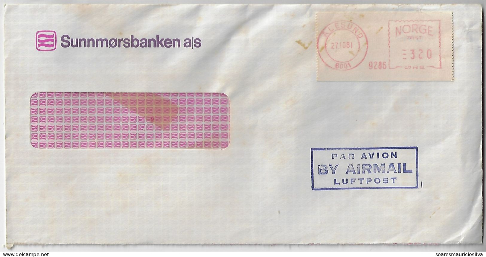 Norway 1981 Sunnmørsbanken airmail Cover Sent From Alesund Meter Stamp Pitney Bowes "5000" - Covers & Documents