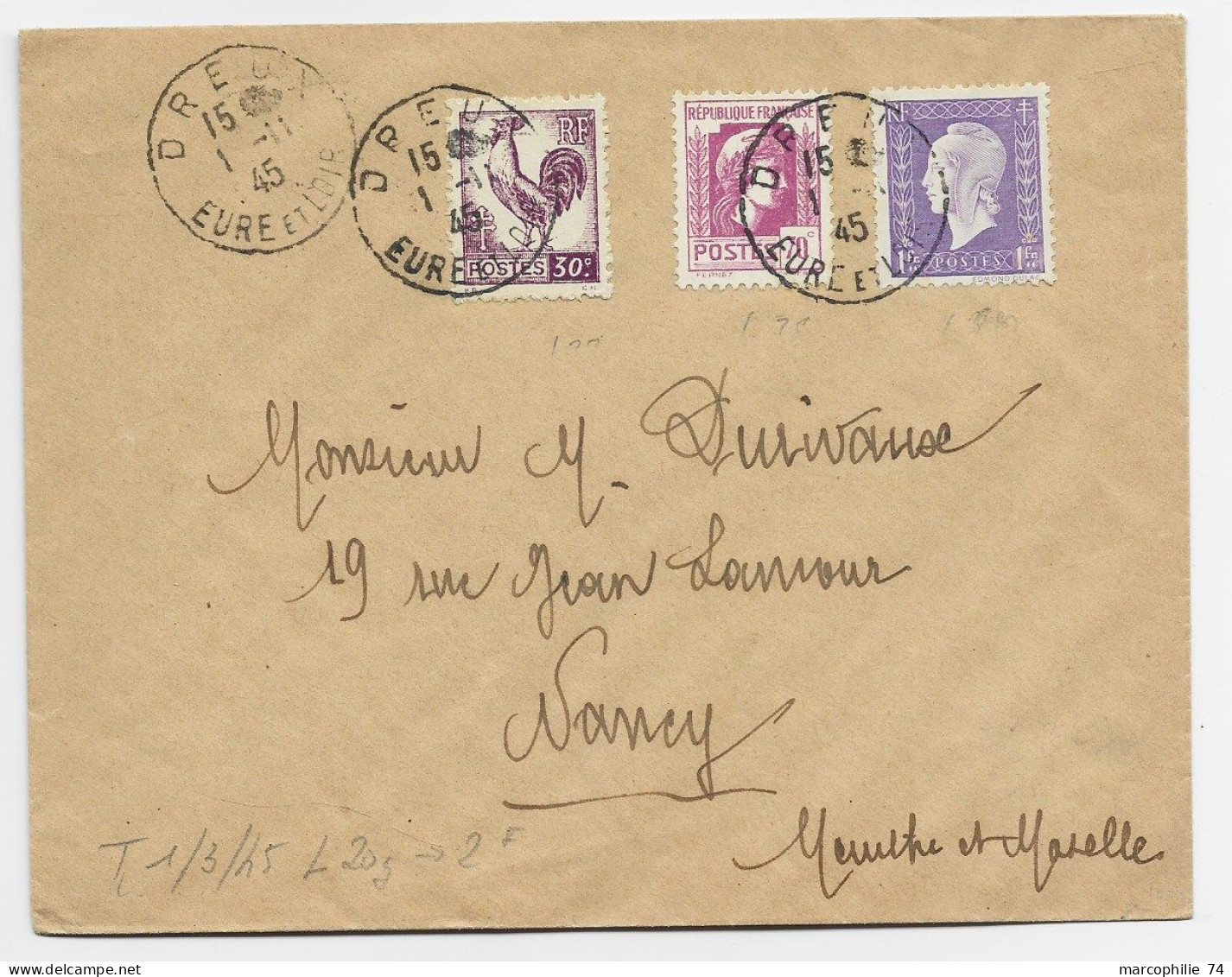 FRANCE MARIANNE ALGER 70C +30C COQ +1FR DULAC LETTRE COVER DREUX 1.11.1945 AU TARIF - 1944 Hahn Und Marianne D'Alger