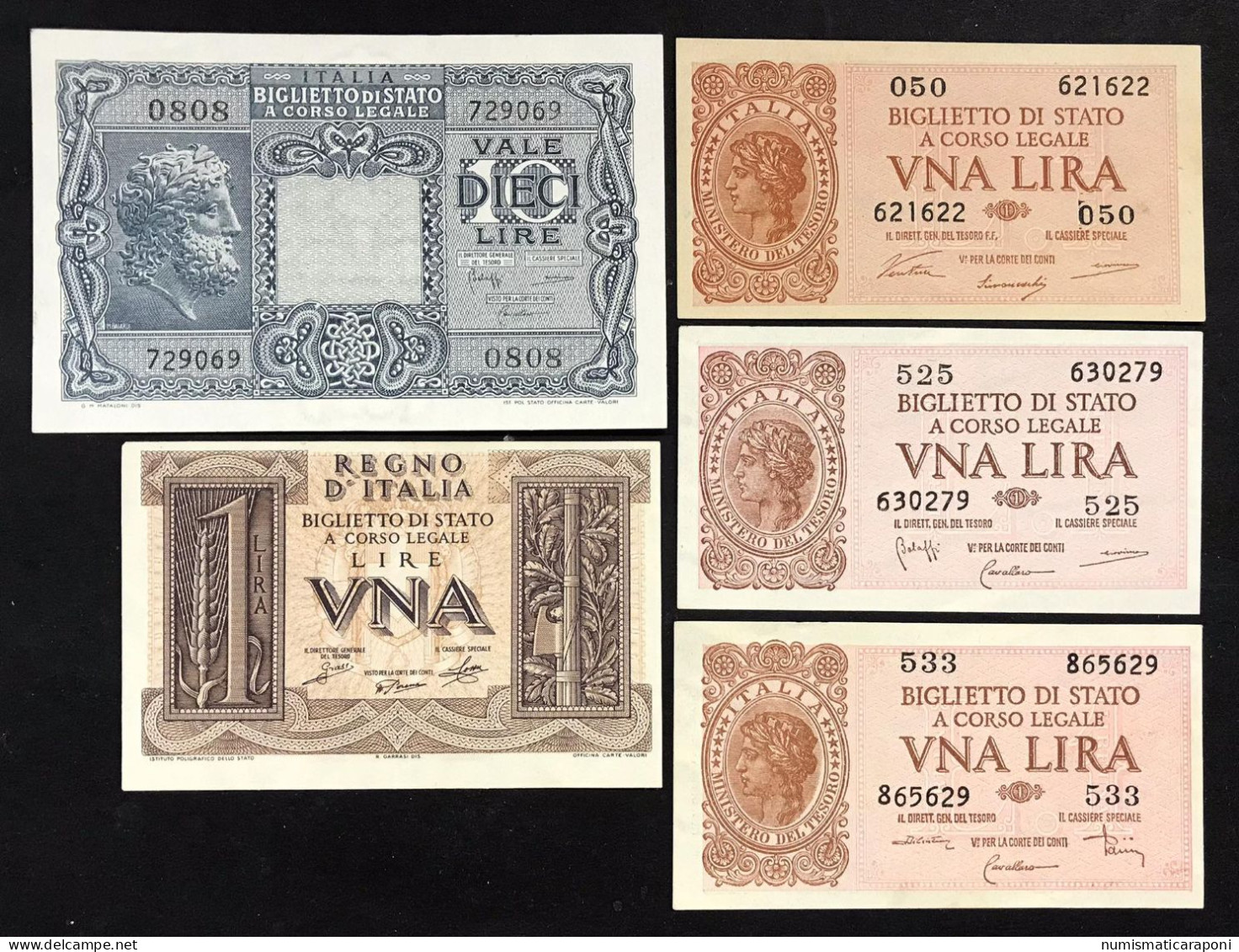 10 Lire Italia Giove 1944 + 3 Pz 1 Lira Serie Completa Italia Laureata + 1 Lira 1939 Impero Lotto 4718 - Italië – 10 Lire