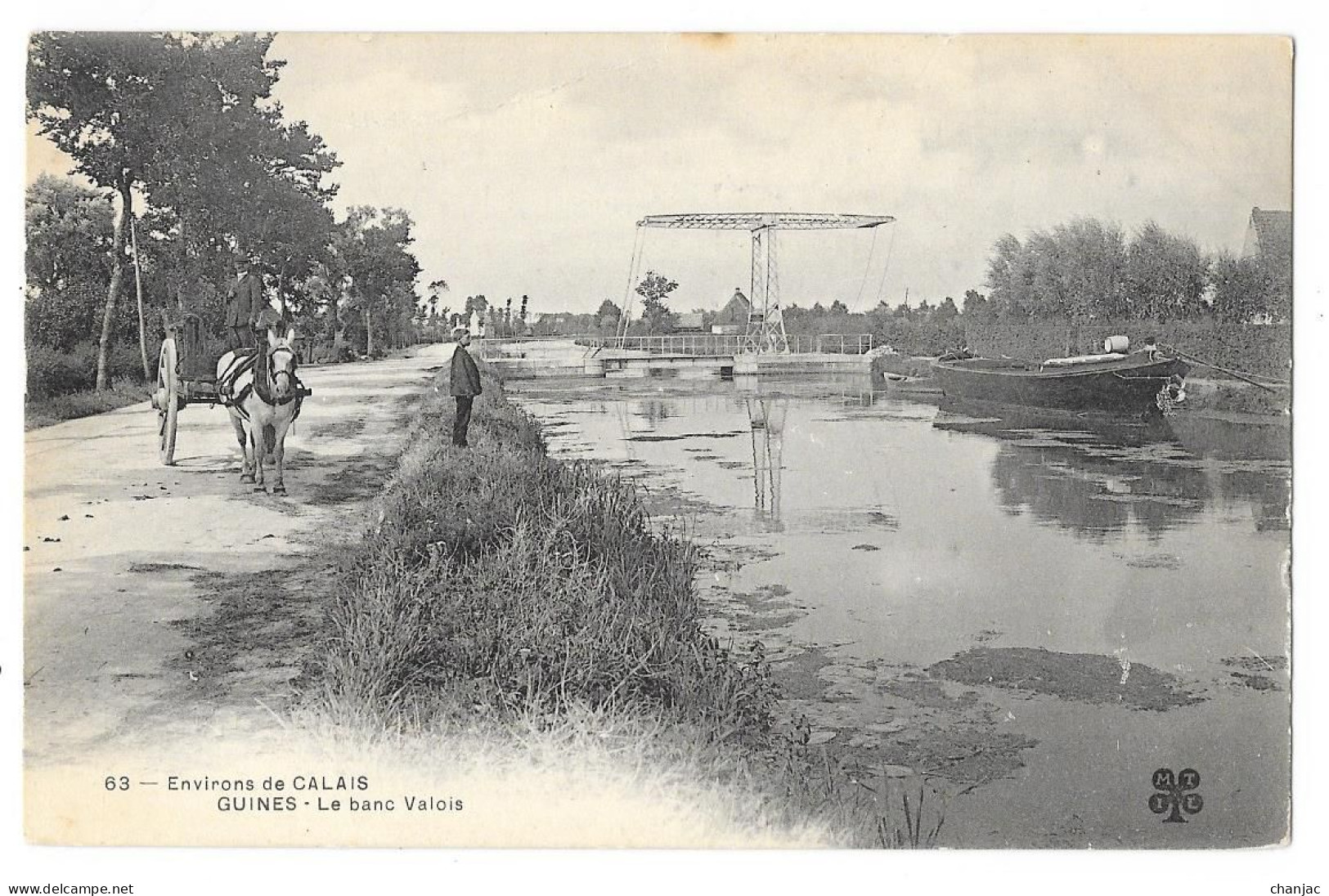 Cpa: 62 GUINES (ar. Calais) Le Banc Valois (attelage, Péniche) N° 63  Ed. M.T.I.C. - Guines