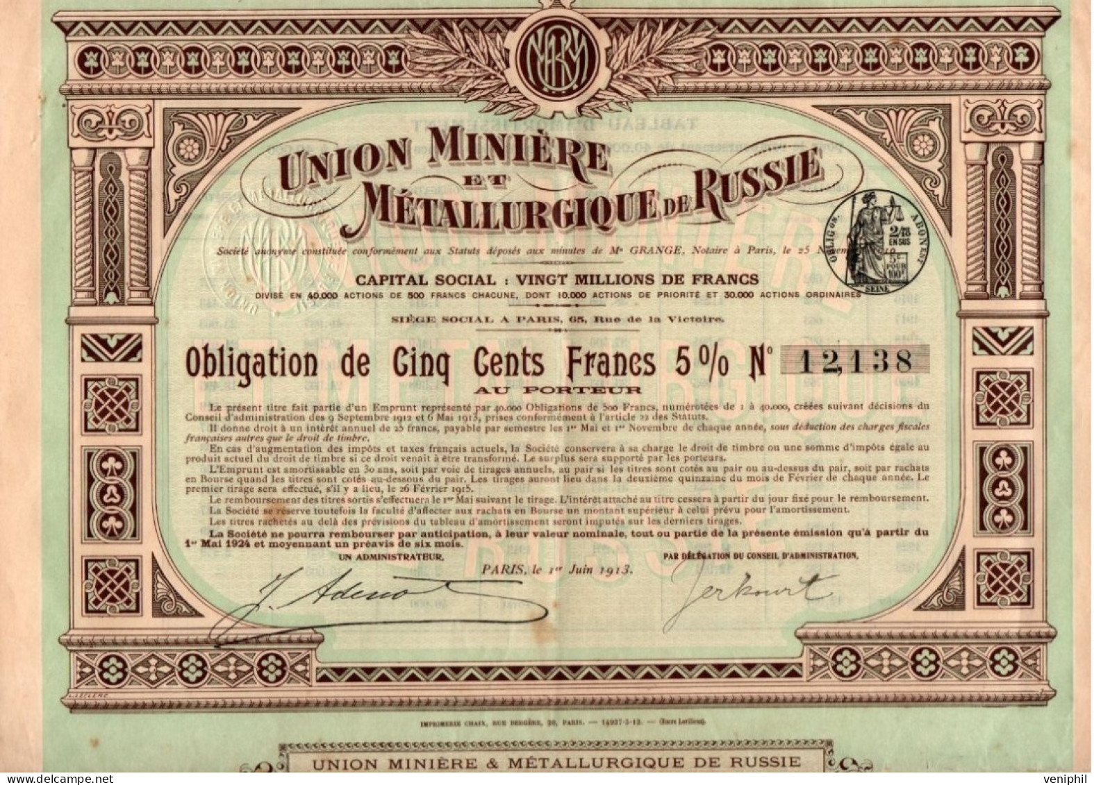 UNION MINIERE DE METALLURGIQUE DE RUSSIE - OBLIGATION DE CINQ CENT FRANCS -5% -ANNEE 1913 - Mijnen