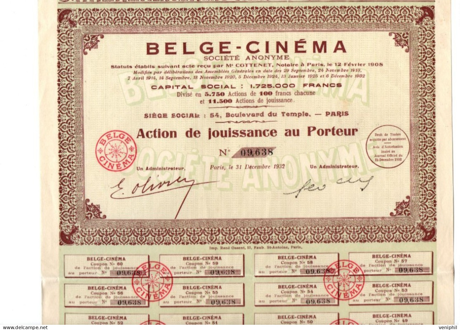 BELGE - CINEMA -  ACTION DE JOUISSANCE  - ANNEE 1932 - Cinéma & Théatre