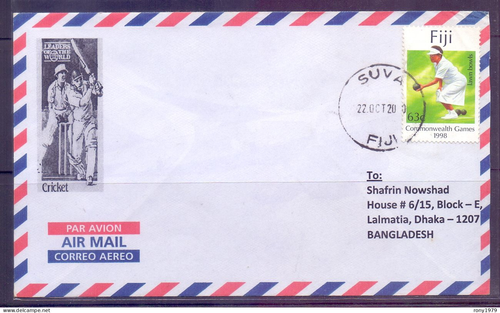 2010 Cricket Picture On Cachet - Letter From Suva Fiji Lawn Bowls To Bangladesh - Cricket