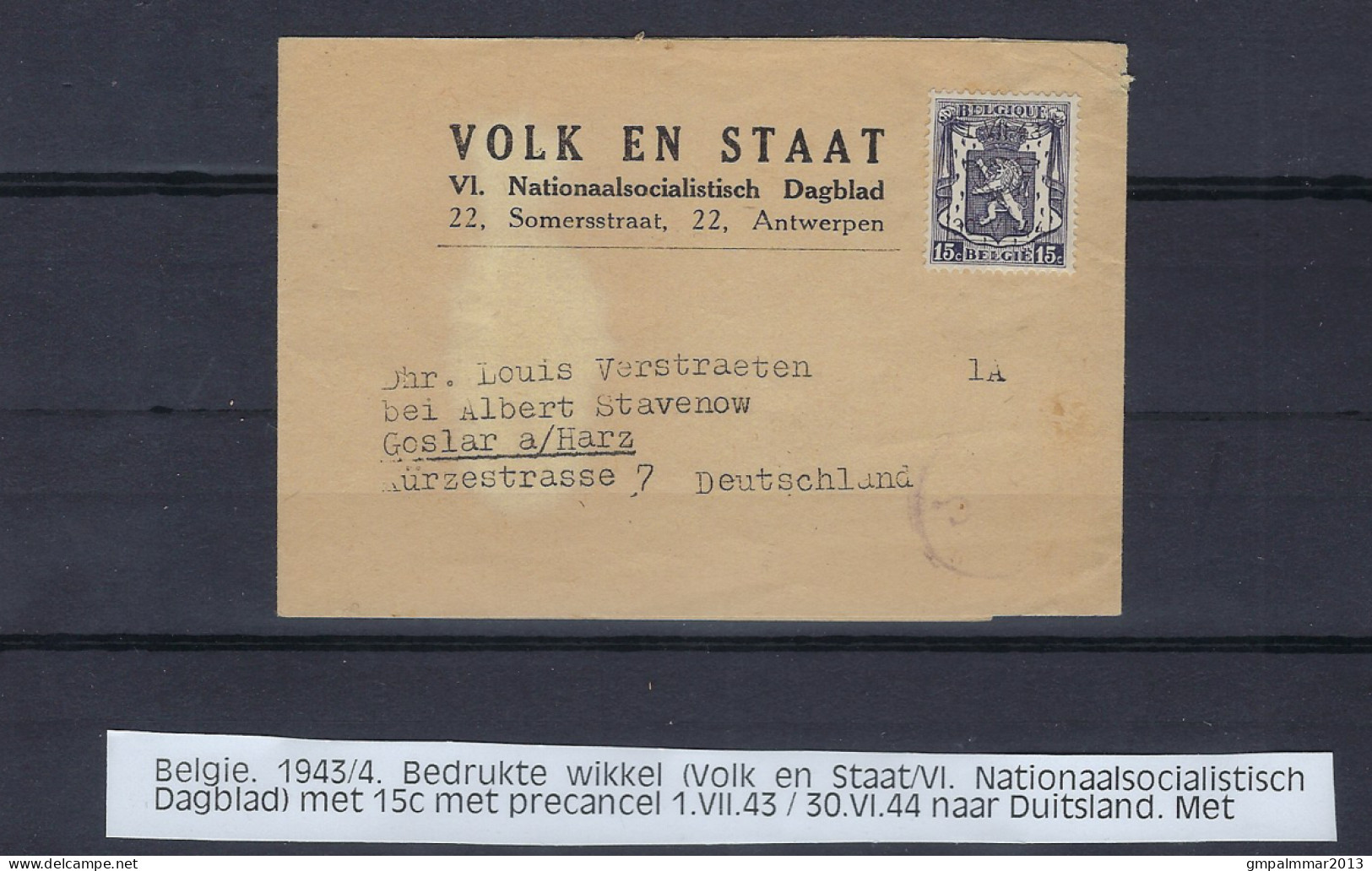 TYPO Nr. 505 Op Wikkel Van VOLK EN STAAT Verzonden Naar DUITSLAND , ZELDZAAM  , Details En Staat Zie 2 Scans ! LOT 313 - Typografisch 1936-51 (Klein Staatswapen)