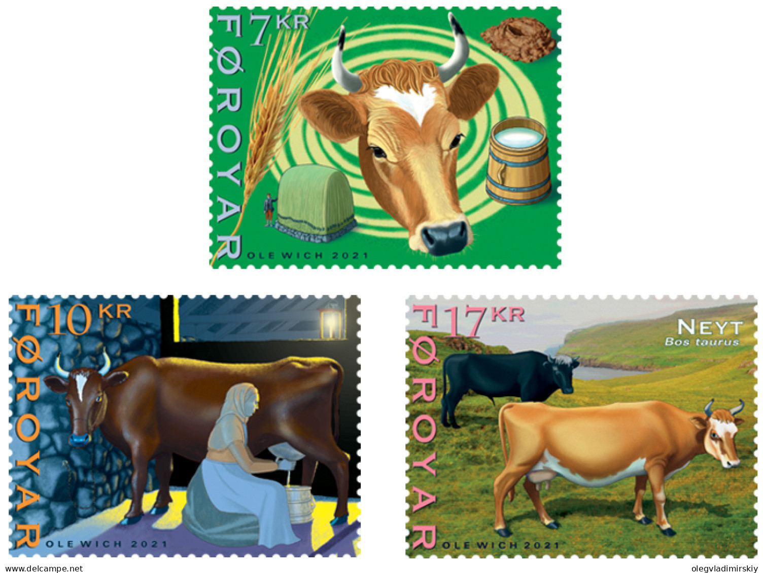 Faroe Islands Denmark 2021 Livestock In Faroe Cattle Cows Set Of 3 Stamps Mint - Neufs