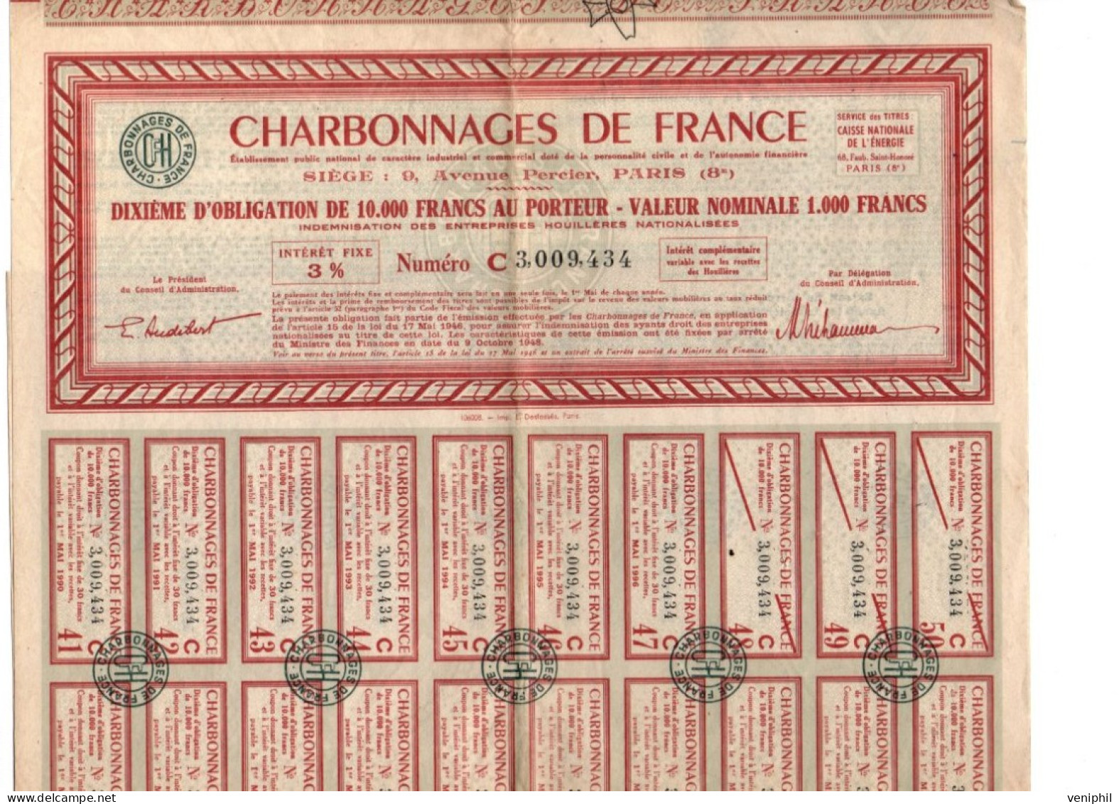 CHARBONNAGE DE FRANCE - DIXIEME D'OBLIGATION DE 10.000FRS - VALEUR NOMINALE DE 1000 FRS - ANNEE 1948 - Mineral