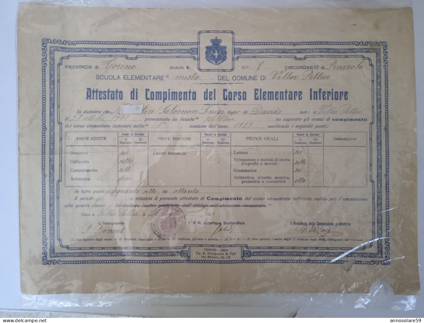 ATTESTATO DI COMPIMENTO DEL CORSO ELEMENTARE INFERIORE - 1923 - LEGGI - Diplômes & Bulletins Scolaires