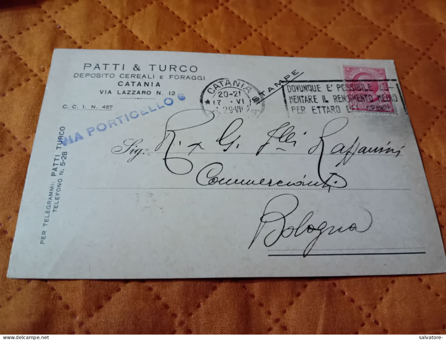 CARTOLINA PUBBLICITARIA TARIFFA STAMPE DITTA PATTI & TURCO DEPOSITO CEREALI CATANIA CON ANNULLO PUBBLICITARIO 1929 - Magasins