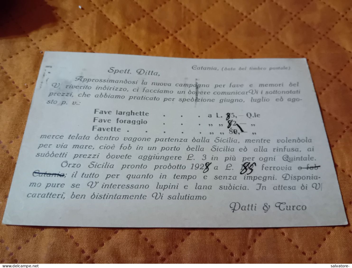 CARTOLINA PUBBLICITARIA TARIFFA STAMPE DITTA PATTI & TURCO DEPOSITO CEREALI CATANIA CON ANNULLO PUBBLICITARIO 1929 - Magasins