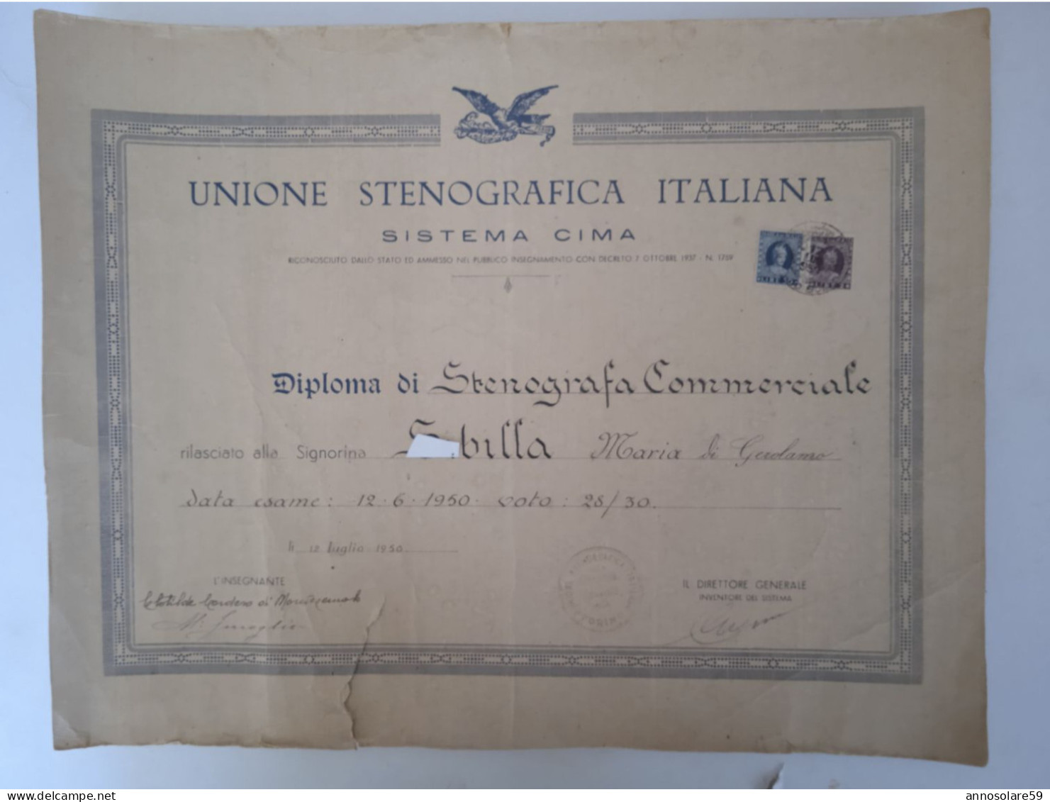 DIPLOMA UNIONE STENOGRAFIA ITALIANA, SISTEMA CIMA - LEGGI - Diplômes & Bulletins Scolaires