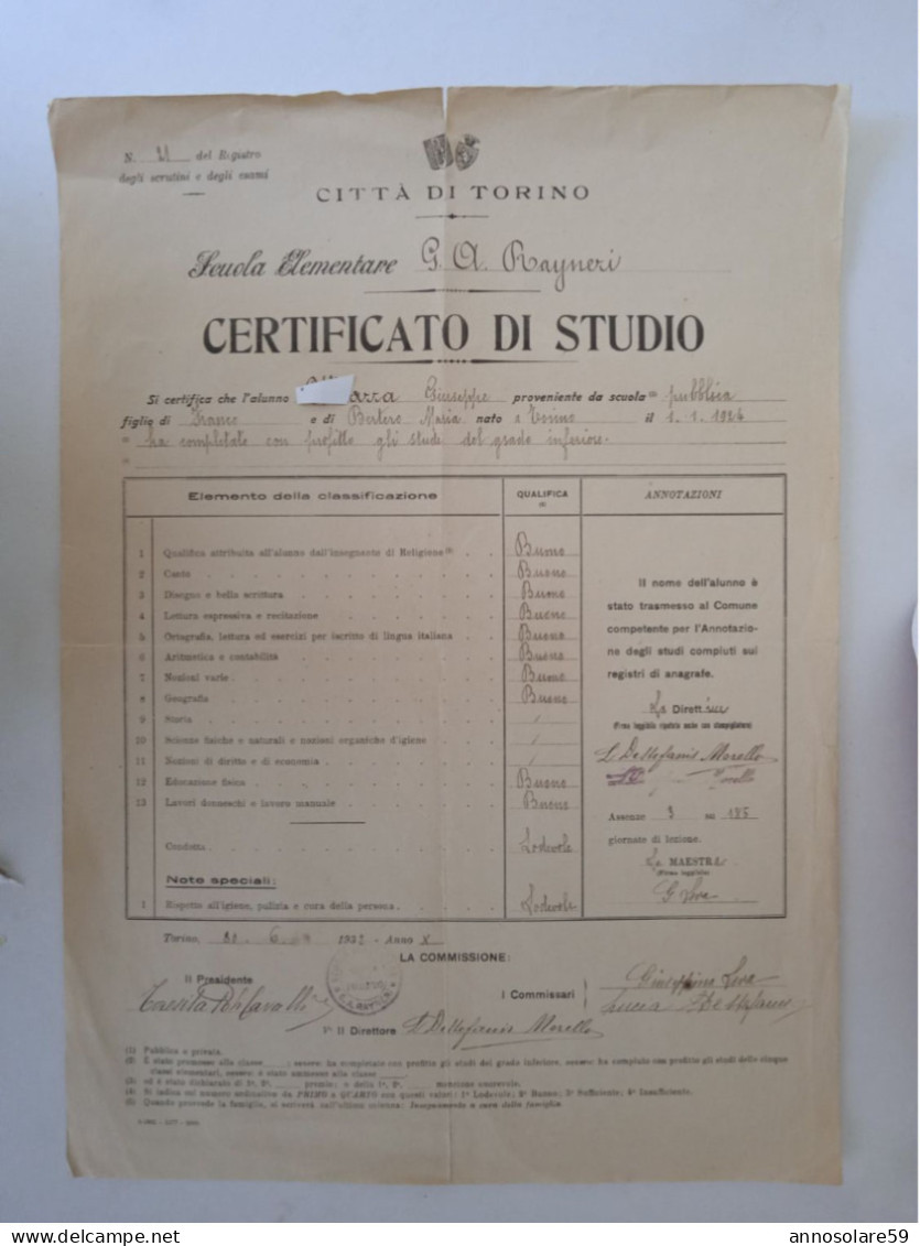 CITTA' DI TORINO - SCUOLE ELEMENTARE, CERTIFICATO DI STUDIO 1932 - LEGGI - Diplômes & Bulletins Scolaires