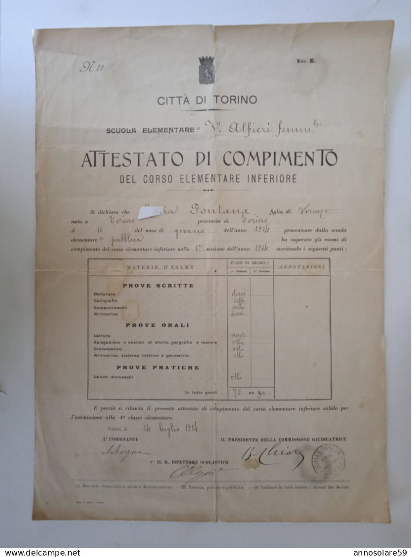 CITTA' DI TORINO - ATTESTATO DI COMPIMENTO DEL CORSO ELEMENTARE INFERIORE - LEGGI - Diplômes & Bulletins Scolaires