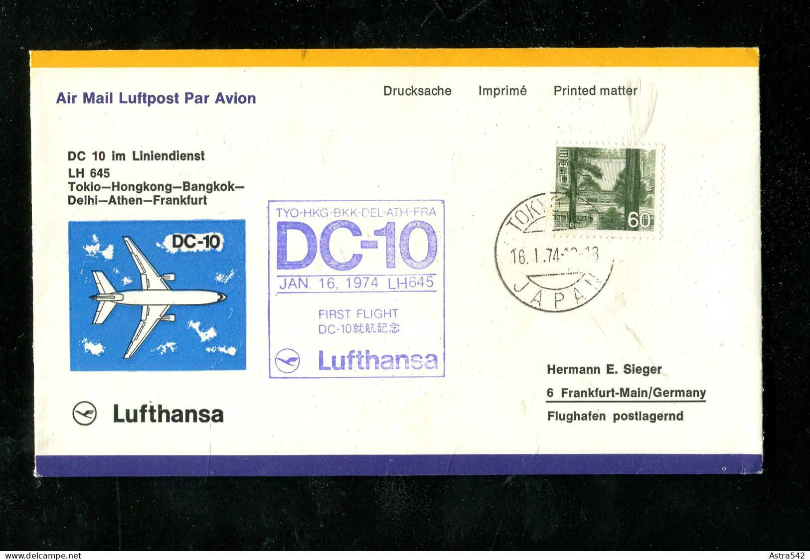 "JAPAN" 1974, Erstflugbrief LH 645 Mit DC 10 "Tokio-Frankfurt" (19454) - Airmail