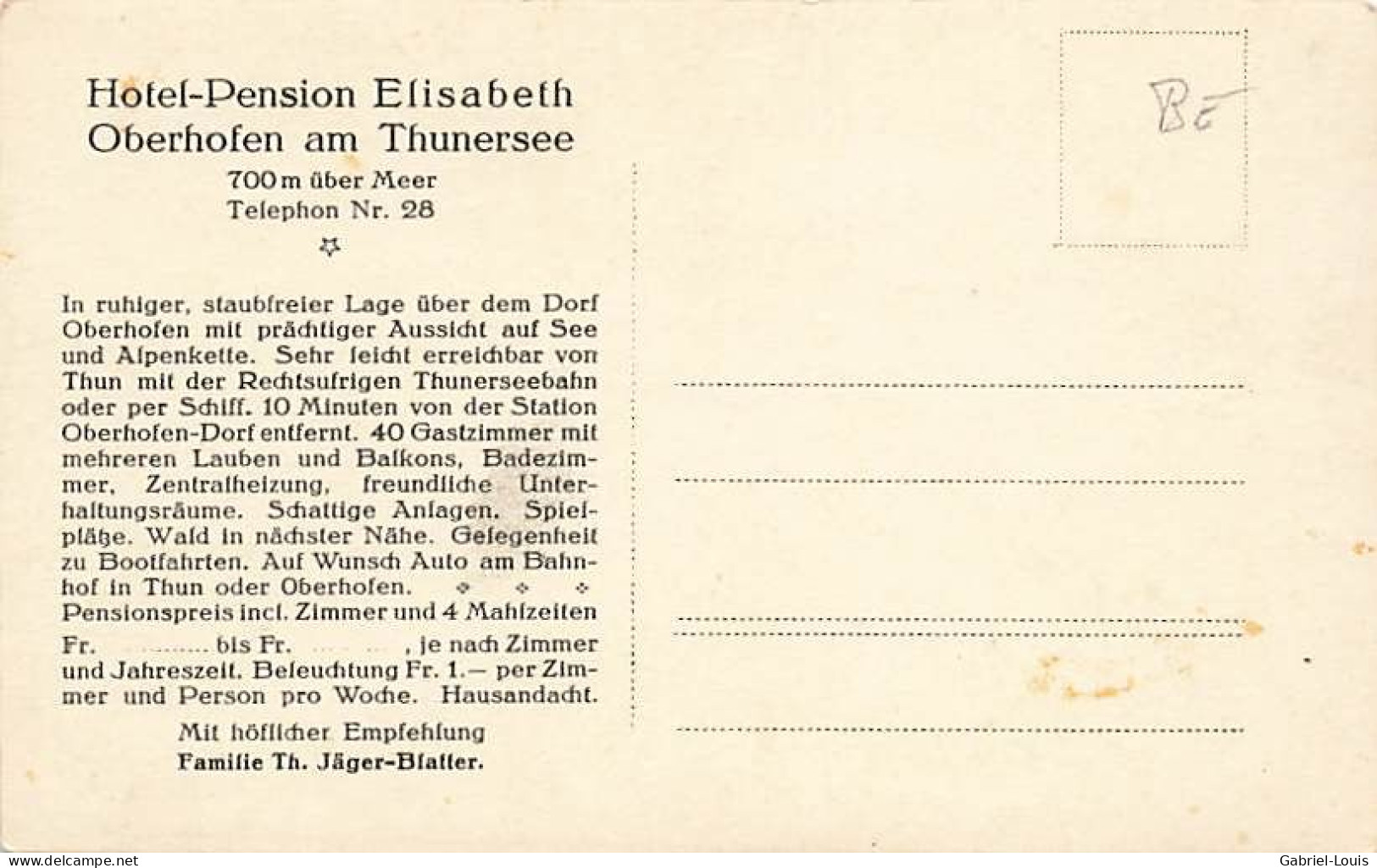 Hotel Pension Elisabeth Oberhofen Am Thunersee  Text Auf Der Rückseite 40 Gastzimmer Th. Jäger-Blatter - Oberhofen Am Thunersee