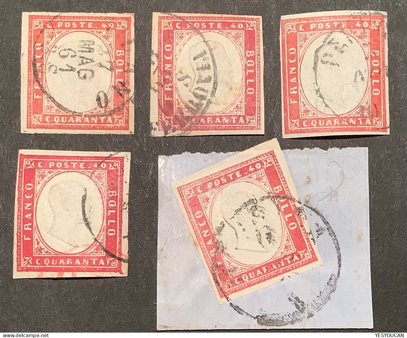 Sardegna Sa.16 1855 40c 5 DIFF. SHADES In VF Used Condition, Signed Chiavarello (Italy Italia Italie Sardaigne Sardinia - Sardinia