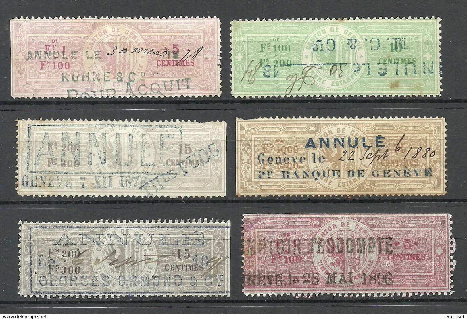 SCHWEIZ Switzerland O 1878-1896 Canton De Genève Timbre Estampillé Revenue Tax Steuermarken, 6 Pcs - Fiscaux