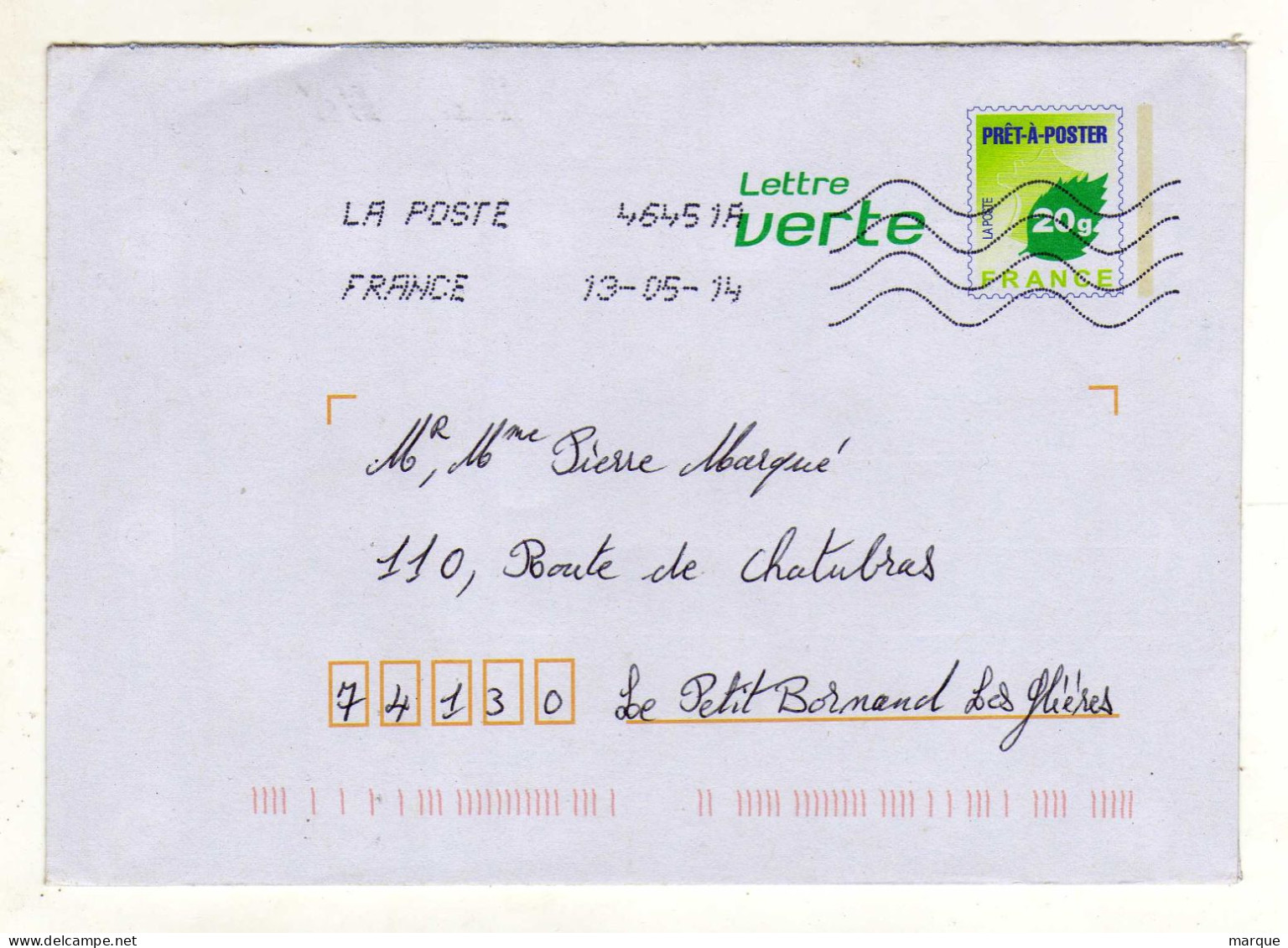 Enveloppe FRANCE Prêt à Poster Lettre Verte Oblitération LA POSTE 46451A 13/05/2014 - Prêts-à-poster:  Autres (1995-...)