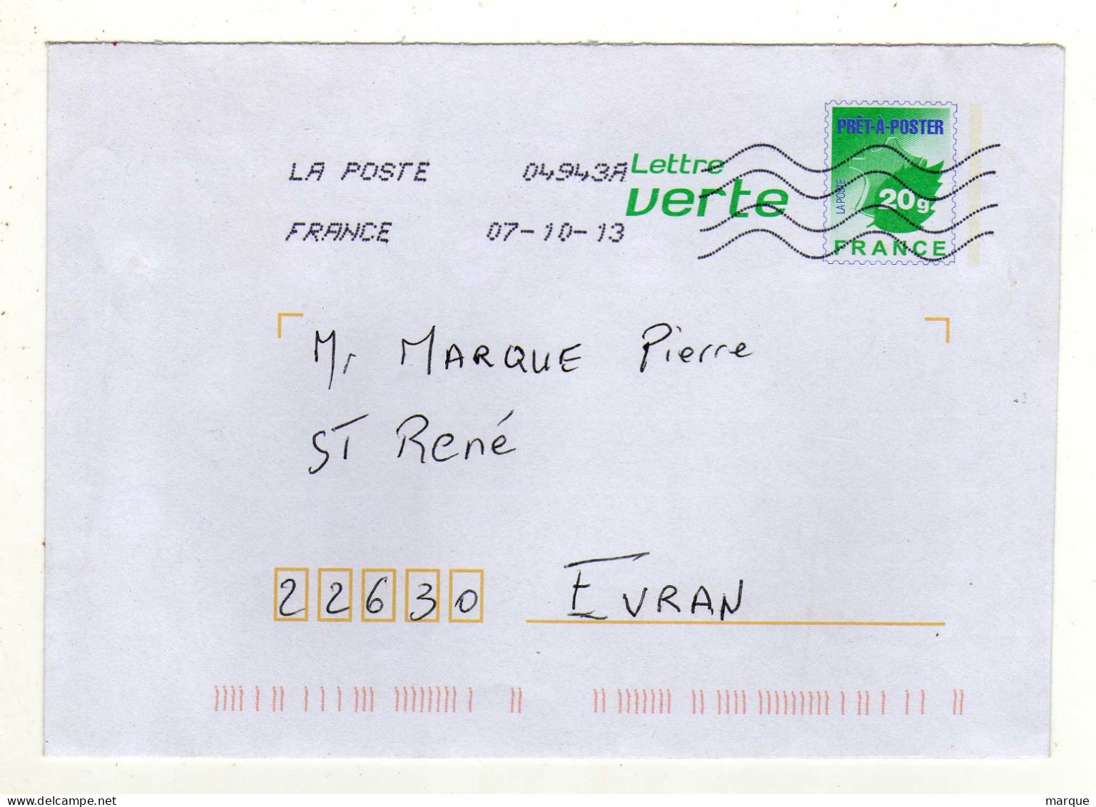 Enveloppe FRANCE Prêt à Poster Lettre Verte Oblitération LA POSTE 04943A 07/10/2013 - Prêts-à-poster:  Autres (1995-...)